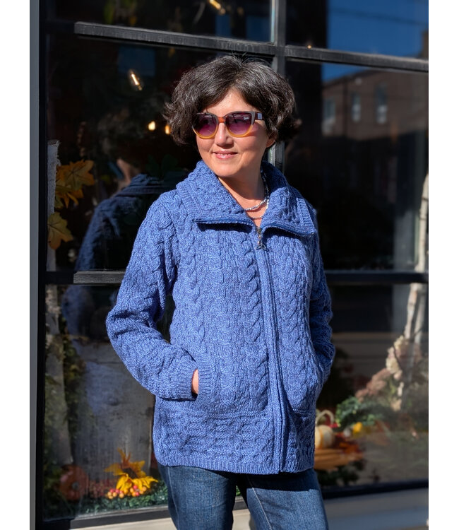 Aran Crafts Zip Front Cable Knit - Blue Marl