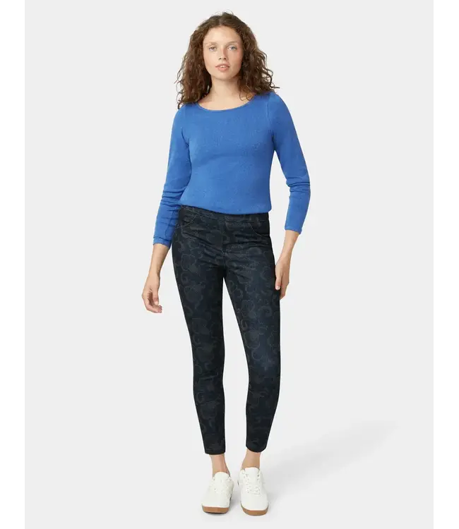 Hue Etched Floral Pull-on Denim Pants - Dark Rinse