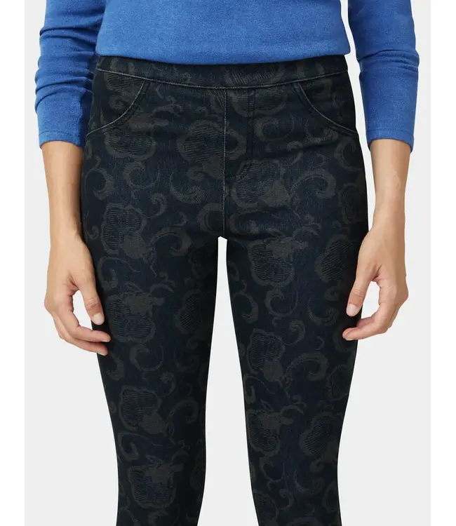 Hue Etched Floral Pull-on Denim Pants - Dark Rinse