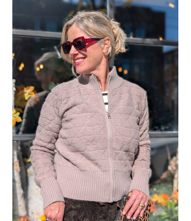 Apricot Ribbed Zip Up Cardigan - Brown