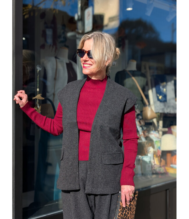 Fransa Open Front Blazer Vest - Charcoal