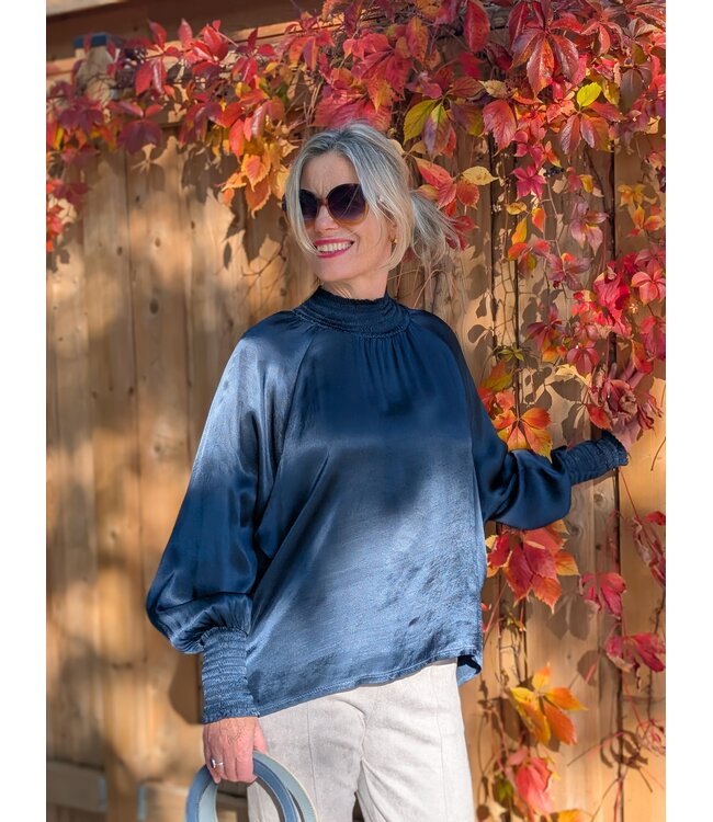 Angela Mara Sateen Mock Neck Top - Midnight