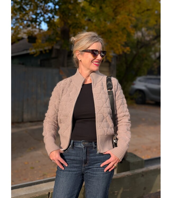 Apricot Ribbed Zip Up Cardigan - Brown