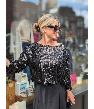 Astrid Sheer Sequin Cropped Top - Black