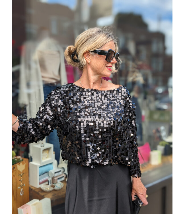 Astrid Sheer Sequin Cropped Top - Black