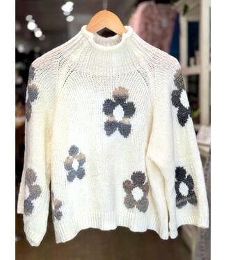 Made in Italy Flower Knit Mock Turtleneck - White O/S