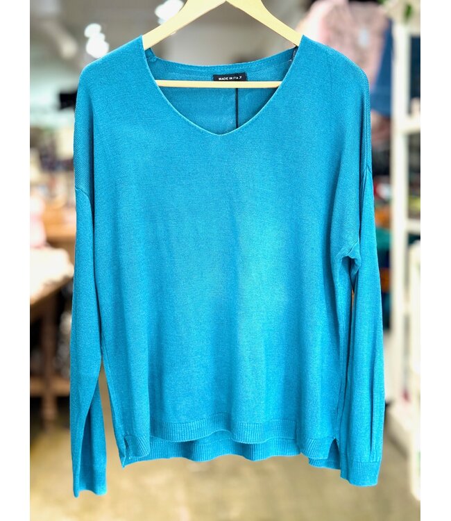 Made in Italy V-Neck Fine Knit Sweater - Teal
