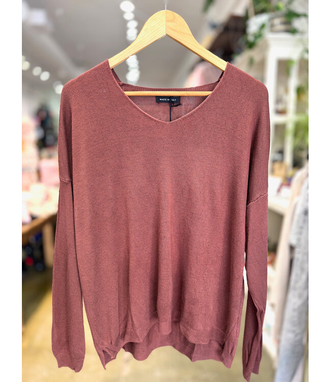 Made in Italy V-Neck Fine Knit Sweater - Cognac