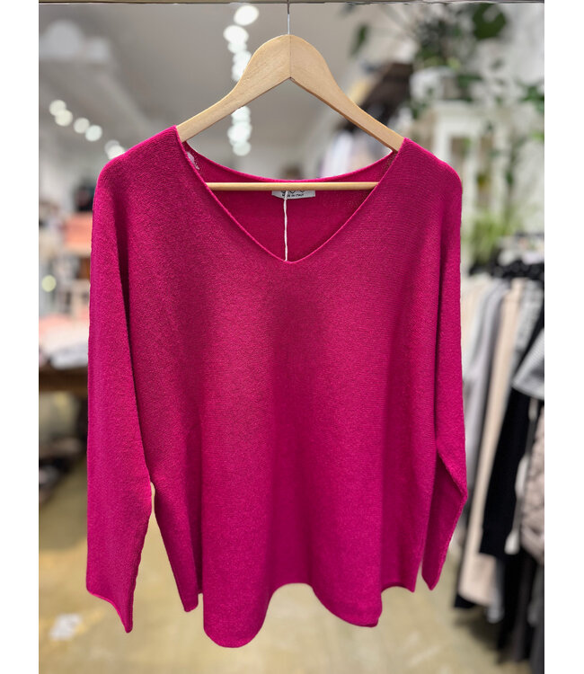 Made in Italy V-Neck Sweater with Rolled Edges O/S - Fuschsia