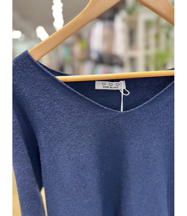 Made in Italy V-Neck Sweater with Rolled Edges O/S - Navy