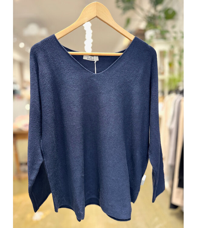 Made in Italy V-Neck Sweater with Rolled Edges O/S - Navy