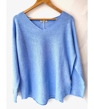 Made in Italy V-Neck Sweater with Rolled Edges O/S - Light blue