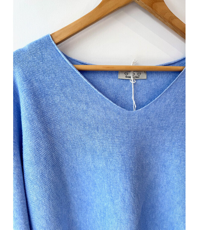 Made in Italy V-Neck Sweater with Rolled Edges O/S - Light blue
