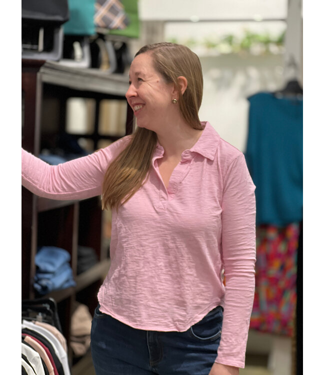 Mododoc Long Sleeve Polo w/Raw Hem - Pearly Pink