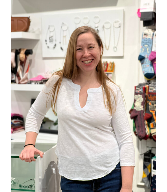 Mododoc 3/4 Sleeve V-Neck w/Raw Hem - White Halo