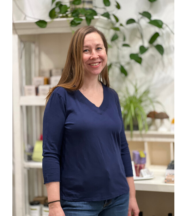 Mododoc 3/4 Sleeve V-Neck Boxy Tee - Vibrant Navy