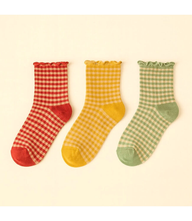 Pika & Bear Ankle Socks - "Lazy J" Waffle Gingham w/Ruffled Edges (3 Pack)
