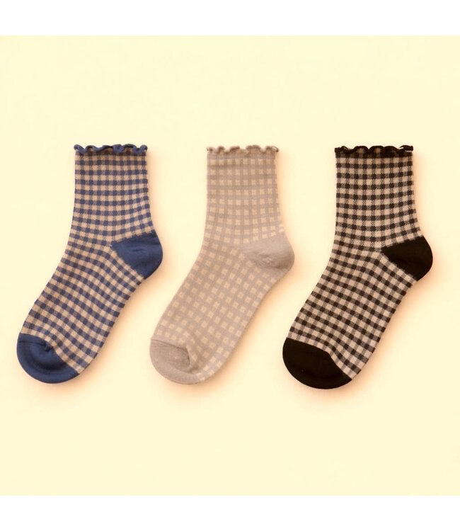 Pika & Bear Ankle Socks - "Lazy J" Waffle Gingham w/Ruffled Edges (3 Pack)