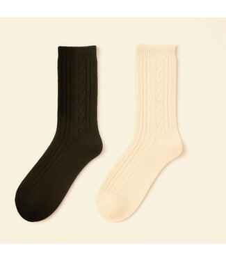 Pika & Bear Crew Socks - "D'Arby" Wool Blend Cable Knit Cream & Black (2 Pack)