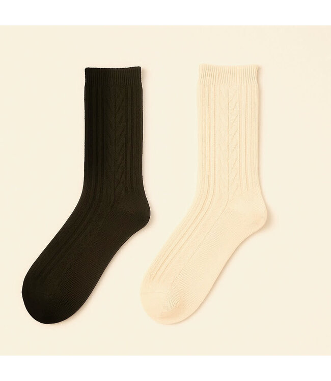 Pika & Bear Crew Socks - "D'Arby" Wool Blend Cable Knit Cream & Black (2 Pack)
