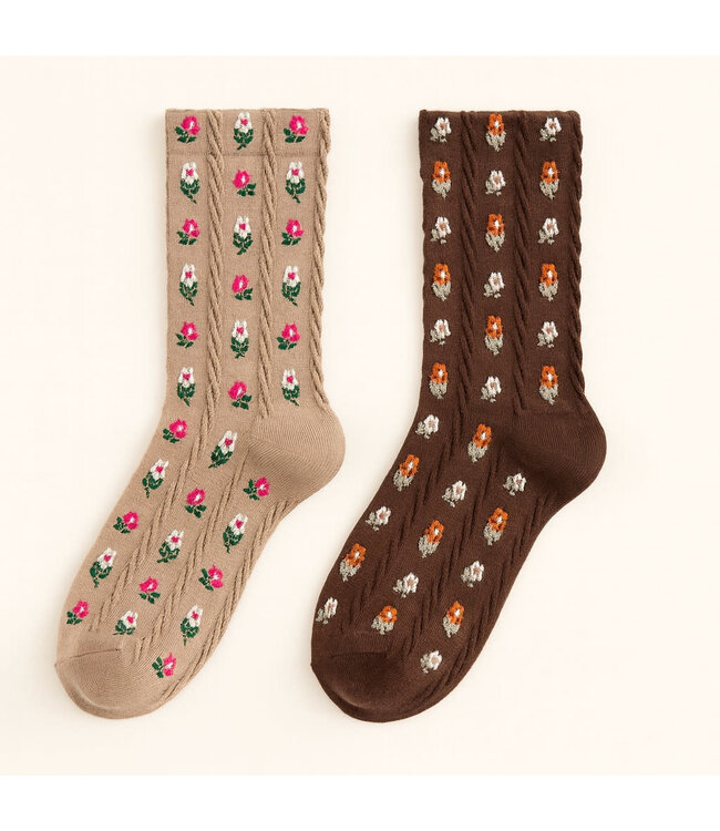Pika & Bear Crew Socks - "Chloe" Floral Applique & Pointelle Espresso & Latte (Pack of 2)
