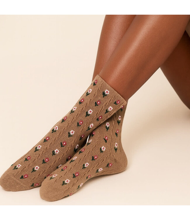 Pika & Bear Crew Socks - "Chloe" Floral Applique & Pointelle Espresso & Latte (Pack of 2)