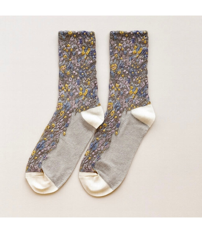 Pika & Bear Crew Socks - "Brueghel" Floral Applique & Pointelle Grey