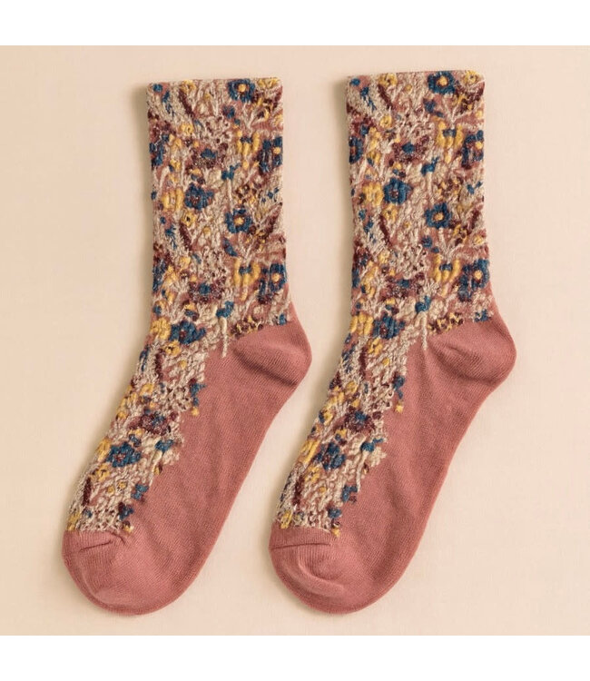 Pika & Bear Crew Socks - "Brueghel" Floral Applique & Pointelle Pink