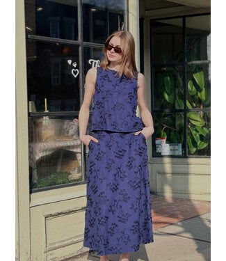 Apricot Dandellion Embroidered Skirt -  Navy