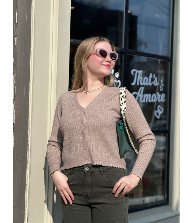 Apricot Ribbed Scallop Cardigan - Stone