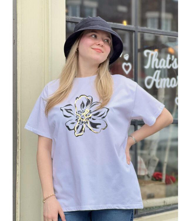 Apricot Foil Flower Oversized Tee - White