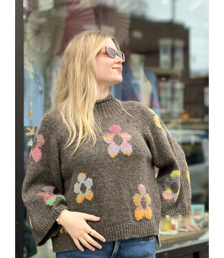 Made in Italy Flower Knit Mock  Neck - Brown O/S