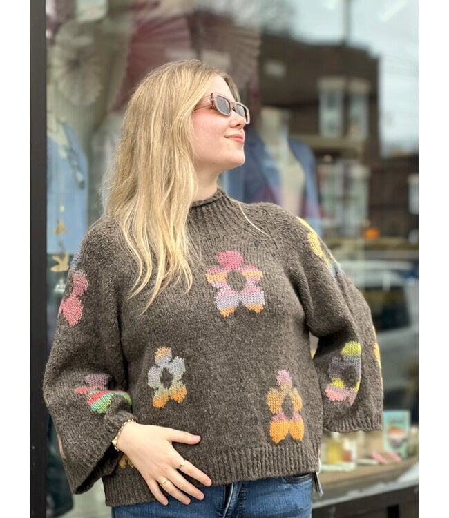 Made in Italy Flower Knit Mock  Neck - Brown O/S