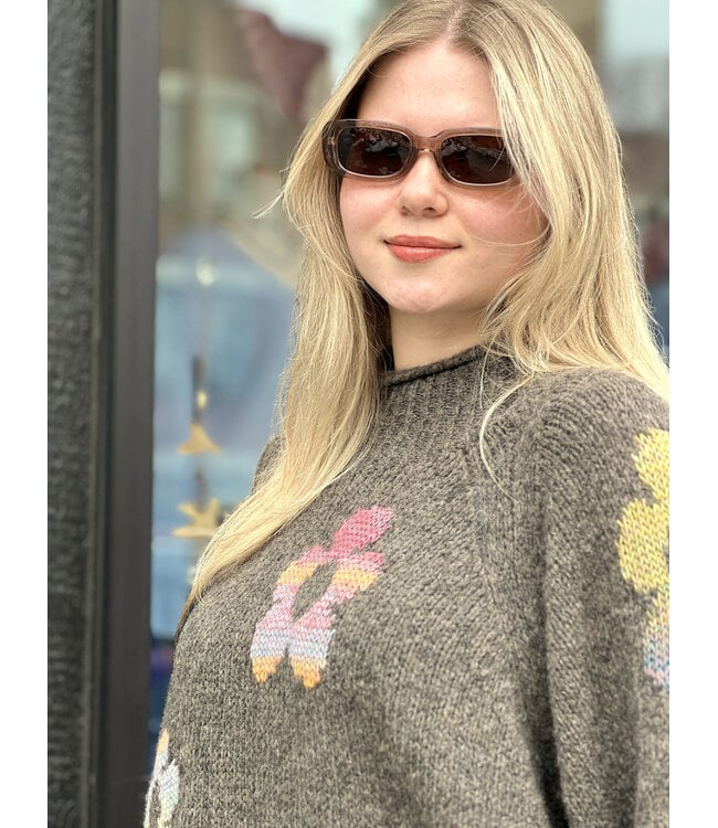 Made in Italy Flower Knit Mock  Neck - Brown O/S