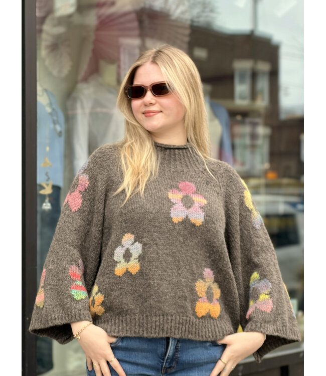 Made in Italy Flower Knit Mock  Neck - Brown O/S