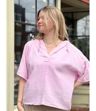 Astrid Y-Neck Half Sleeve Linen Hoodie - Pink