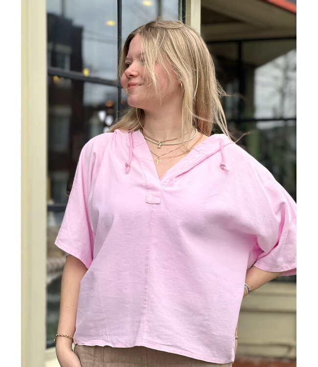 Astrid Y-Neck Half Sleeve Linen Hoodie - Pink