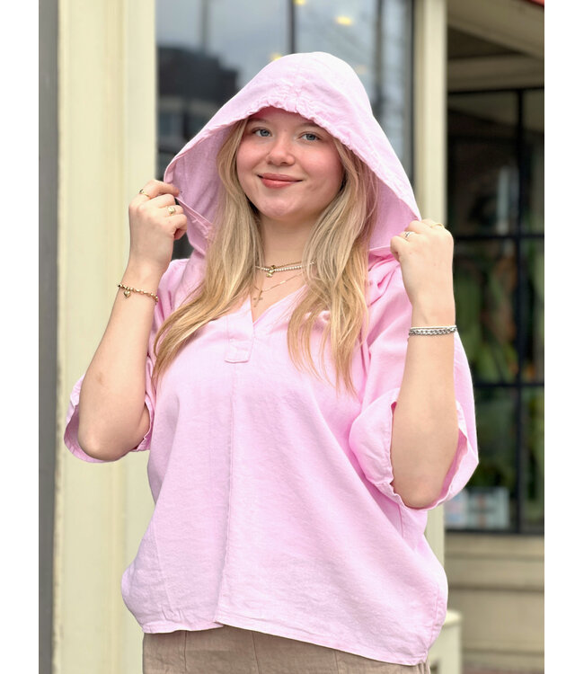 Astrid Y-Neck Half Sleeve Linen Hoodie - Pink