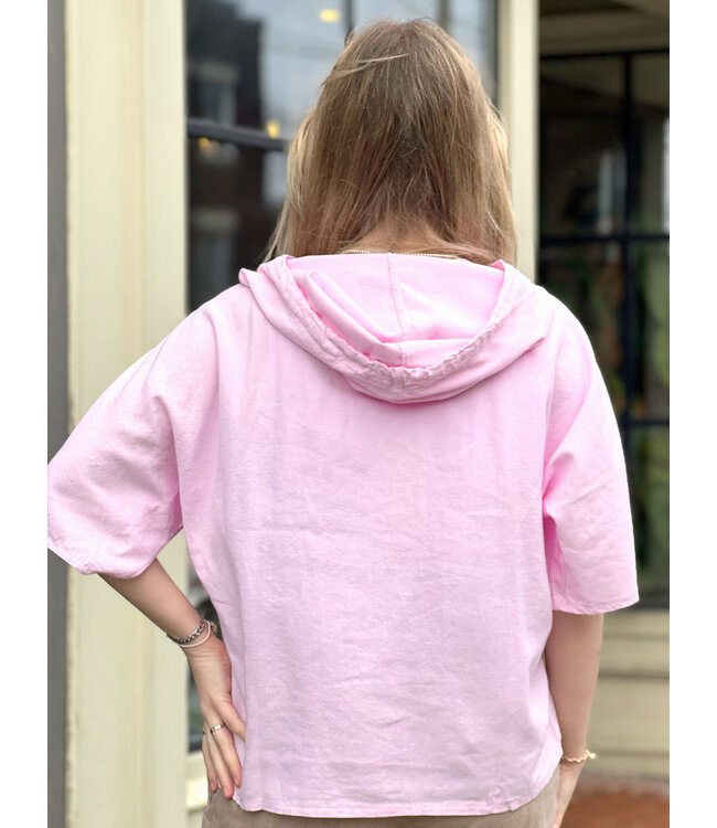 Astrid Y-Neck Half Sleeve Linen Hoodie - Pink