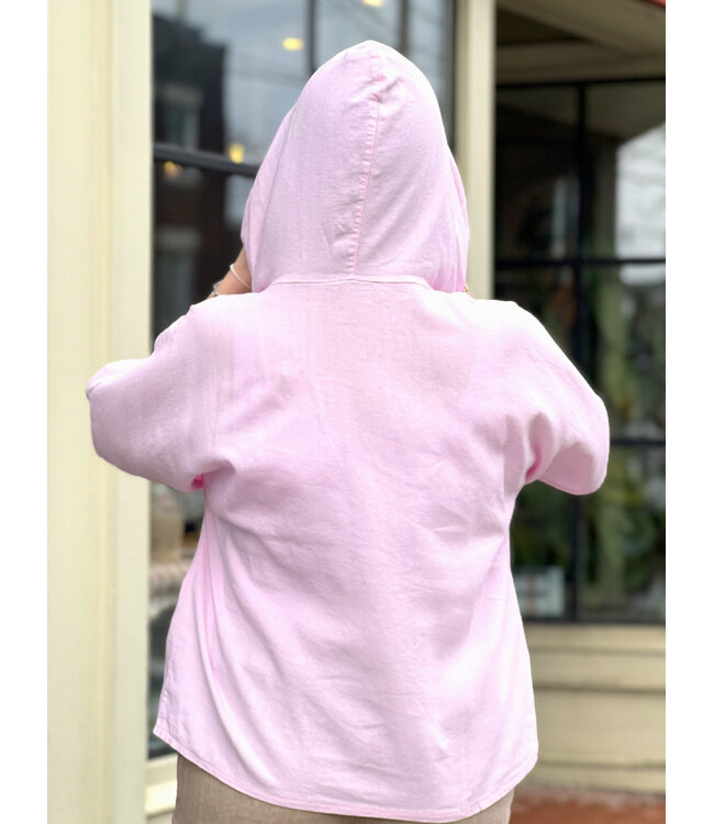 Astrid Y-Neck Half Sleeve Linen Hoodie - Pink