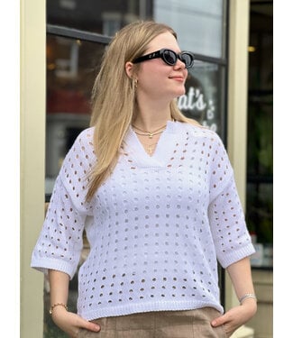 Astrid Y-Neck Eyelet Knit Sweater - White