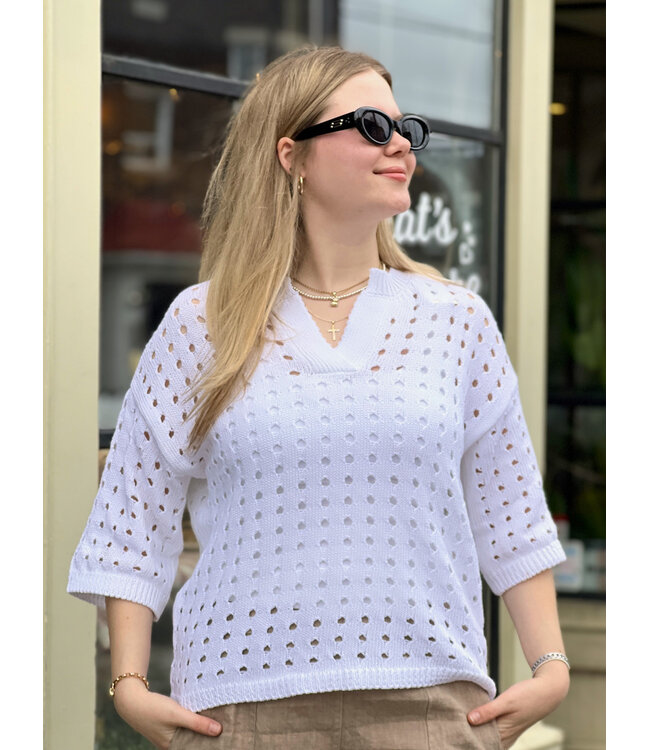 Astrid Y-Neck Eyelet Knit Sweater - White