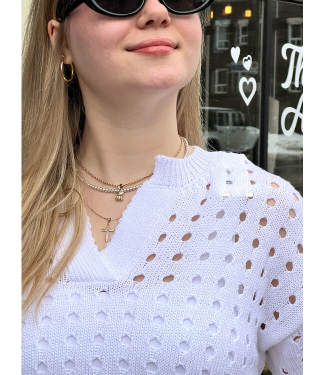 Astrid Y-Neck Eyelet Knit Sweater - White