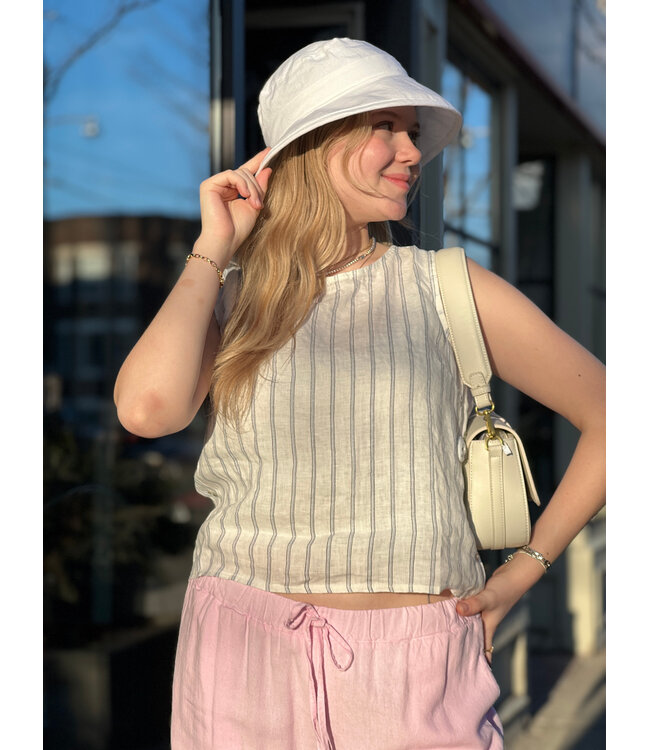 Pistache Sleeveless Linen Top - French Pinstripe