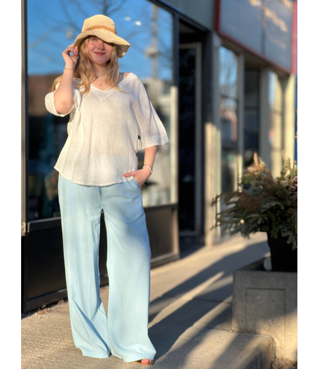 Astrid Wide Leg Linen Drawstring Pants - Blue