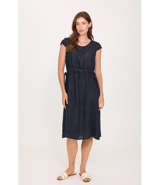 Pistache Drawstring Linen Dress - Navy