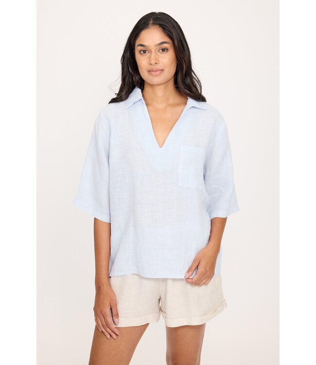 Pistache Linen Half Sleeve Blouse - Cloud Blue