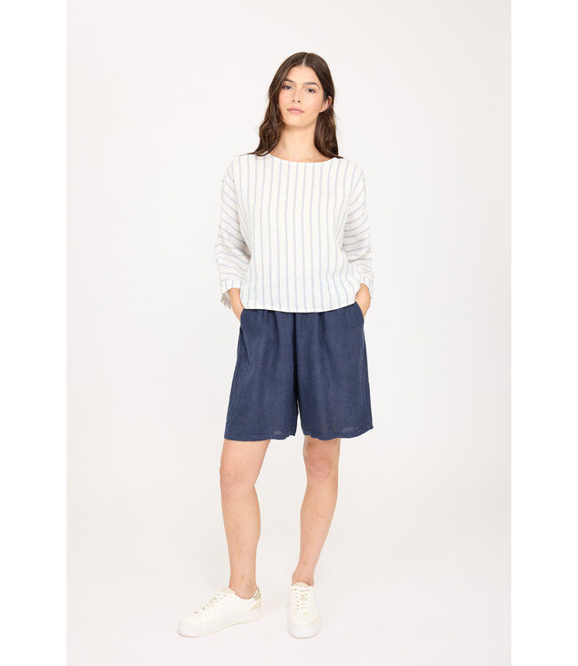 Pistache Linen 3/4 Sleeve Top - French Pinstripe