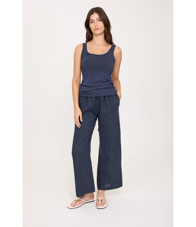 Pistache Straight Leg Linen Pant - Navy