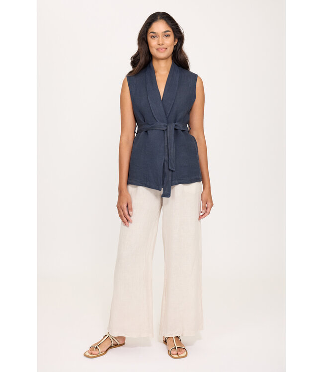 Pistache Shawl Collar Linen Vest - Navy
